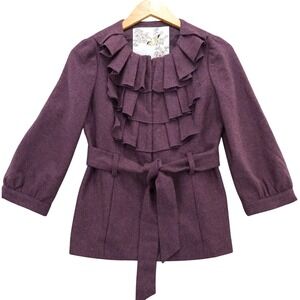 Anthropolgie Tabitha Foliage‎ Finder Wool Jacket Ruffle Front Belted Purple